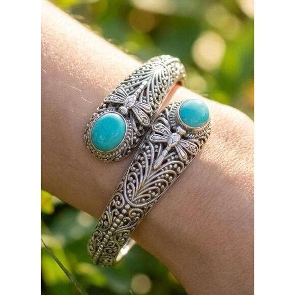 Sleeping Beauty Turquoise 925 Sterling Silver Balinese Filigree Dragonfly Bangle - Picture 4 of 6